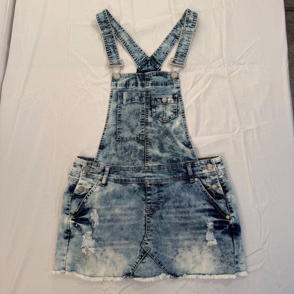 rue21 Womens Acid Wash Distressed Denim Overall Dress Blue Size 7/8 Pinafore